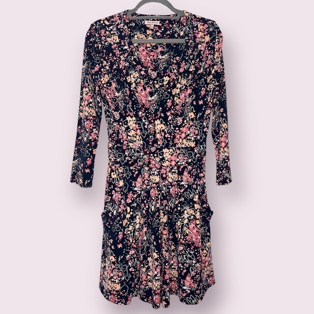 Juicy Couture Navy Blue and Pink Floral Dress Small
